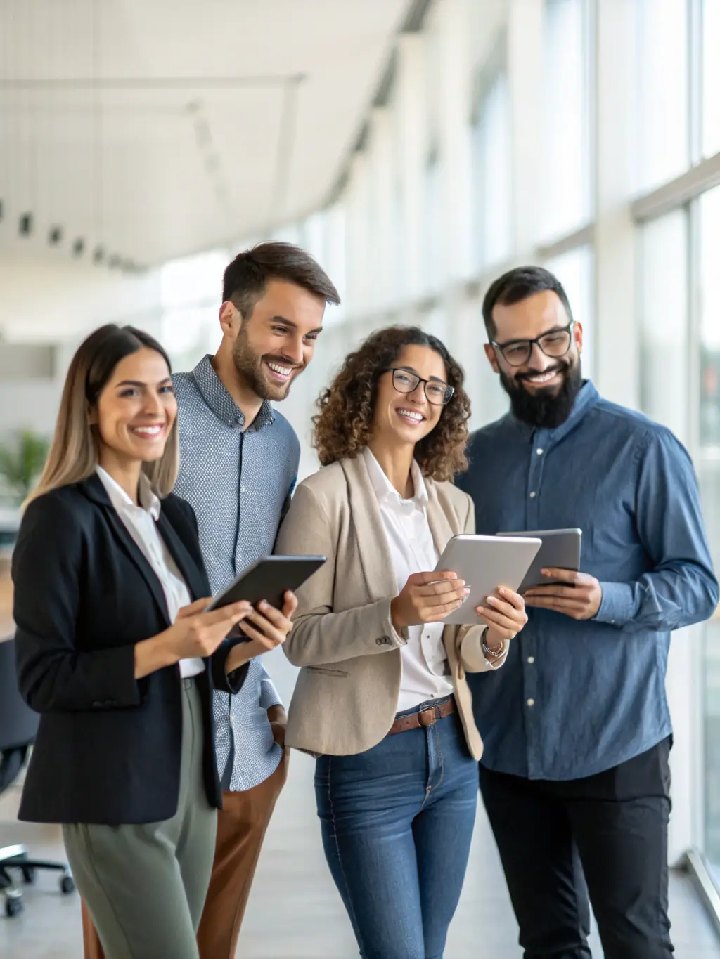 A diverse group of service-based small business owners happily using XenPay on various devices, representing the platform's versatility and broad appeal.